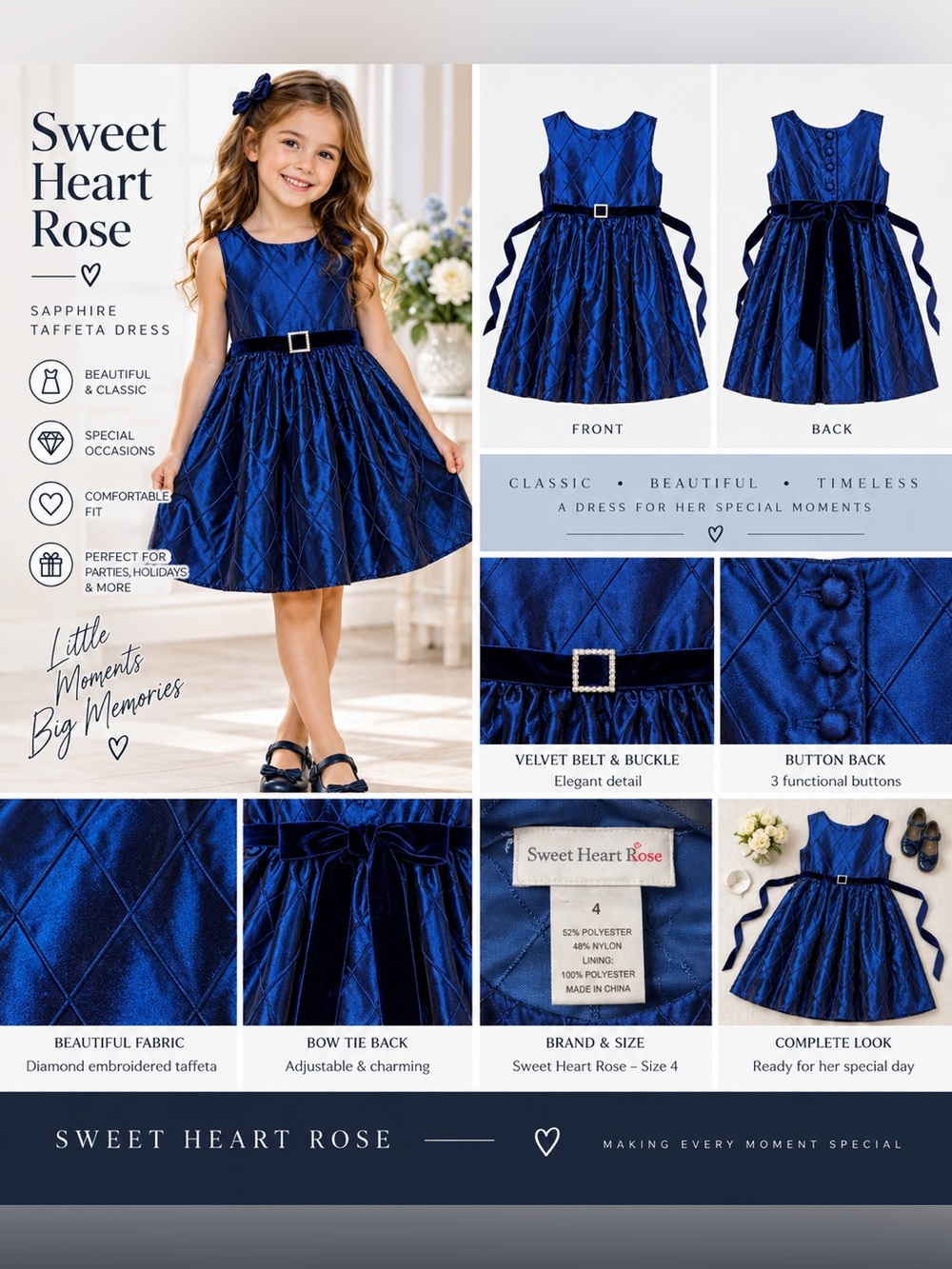 Girls Sweet Heart Rose  Sleeveless Sapphire Belted Taffeta Dress size 4